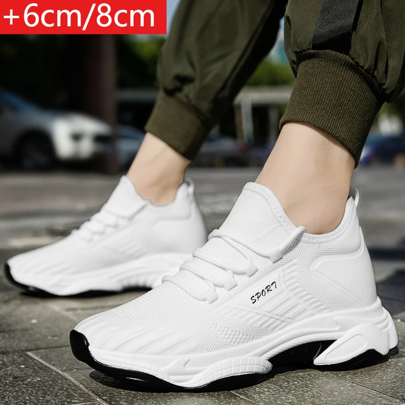 Breathable Flyknit Mesh Elevator Shoes for Men 6cm/8cm Invisible Height Increase Summer White Sneakers Casual Canvas Shoes