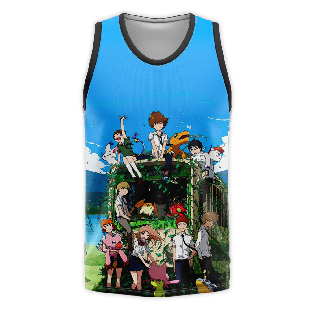 Digimon Adventure Characters Gathering Beside Classic Bus Anime Apparel