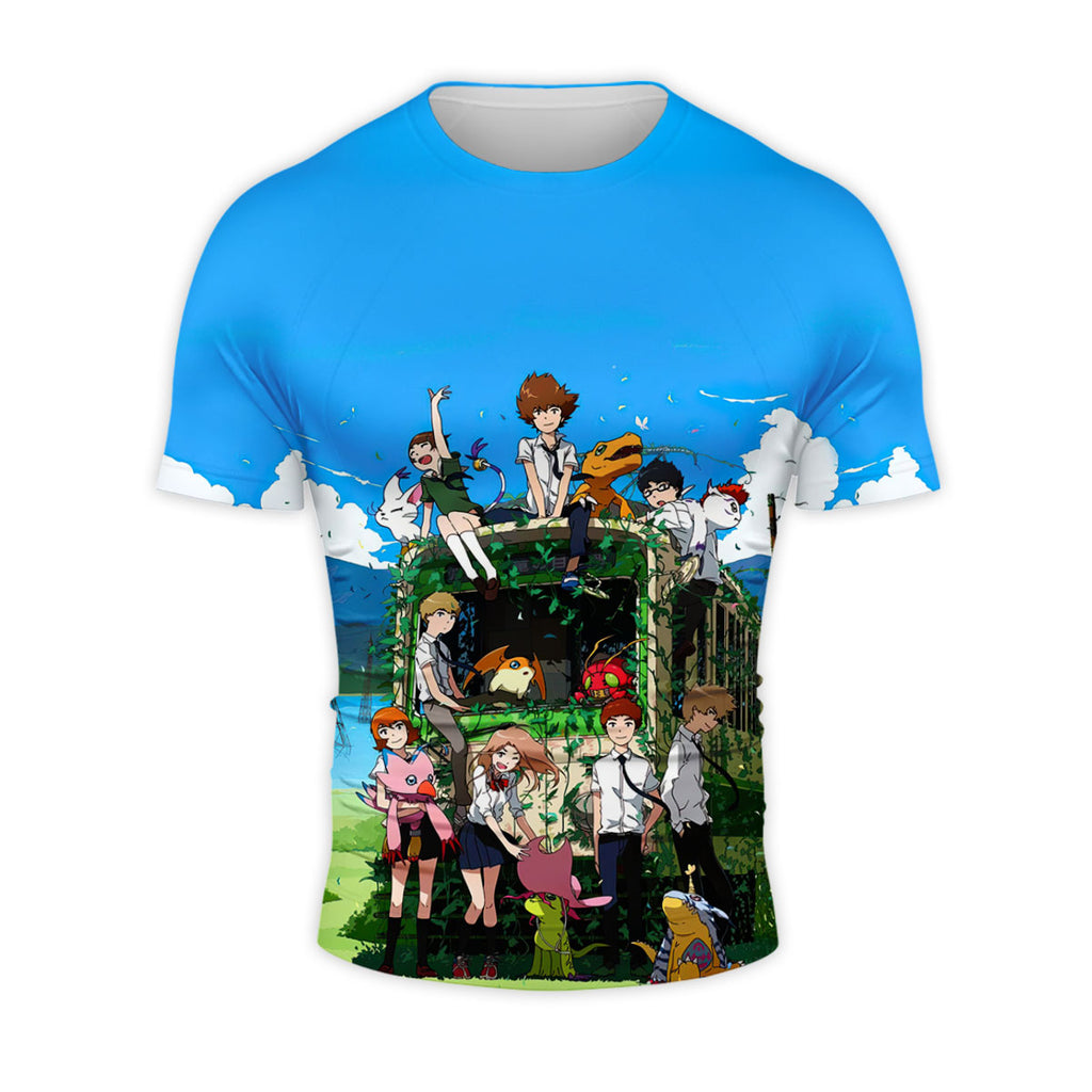 Digimon Adventure Characters Gathering Beside Classic Bus Anime Apparel