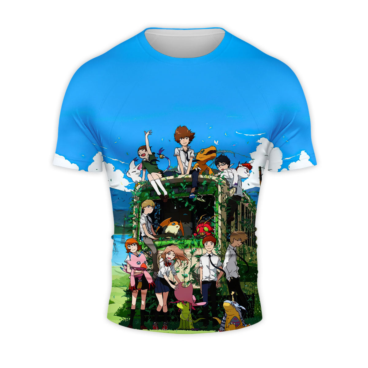 Digimon Adventure Characters Gathering Beside Classic Bus Anime Apparel