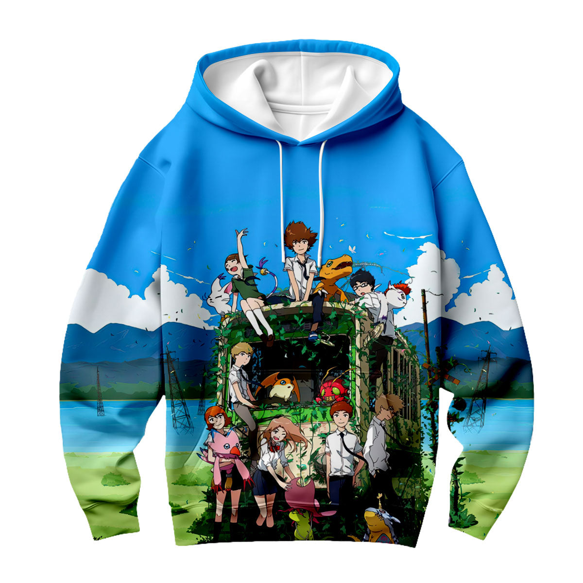 Digimon Adventure Characters Gathering Beside Classic Bus Anime Apparel