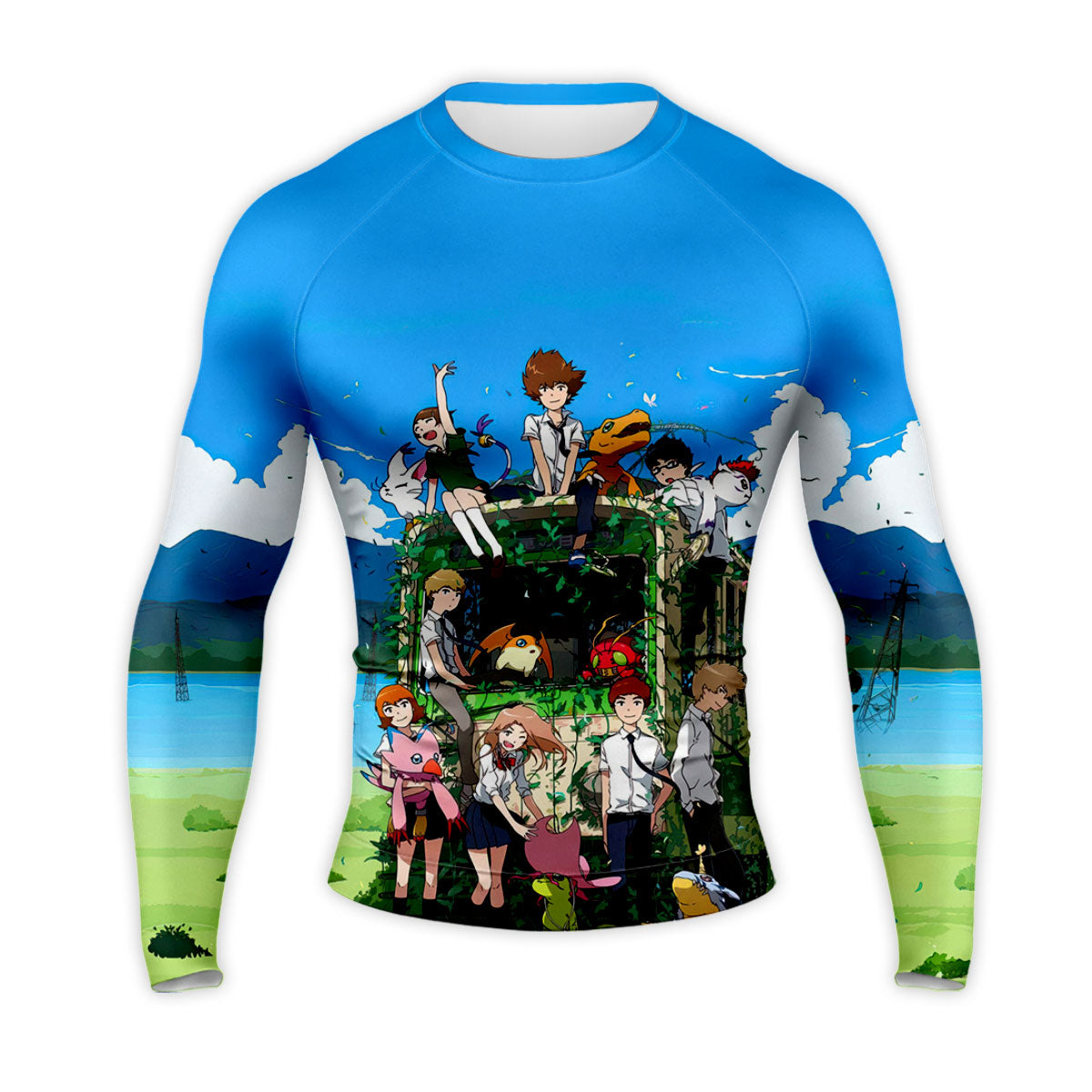 Digimon Adventure Characters Gathering Beside Classic Bus Anime Apparel