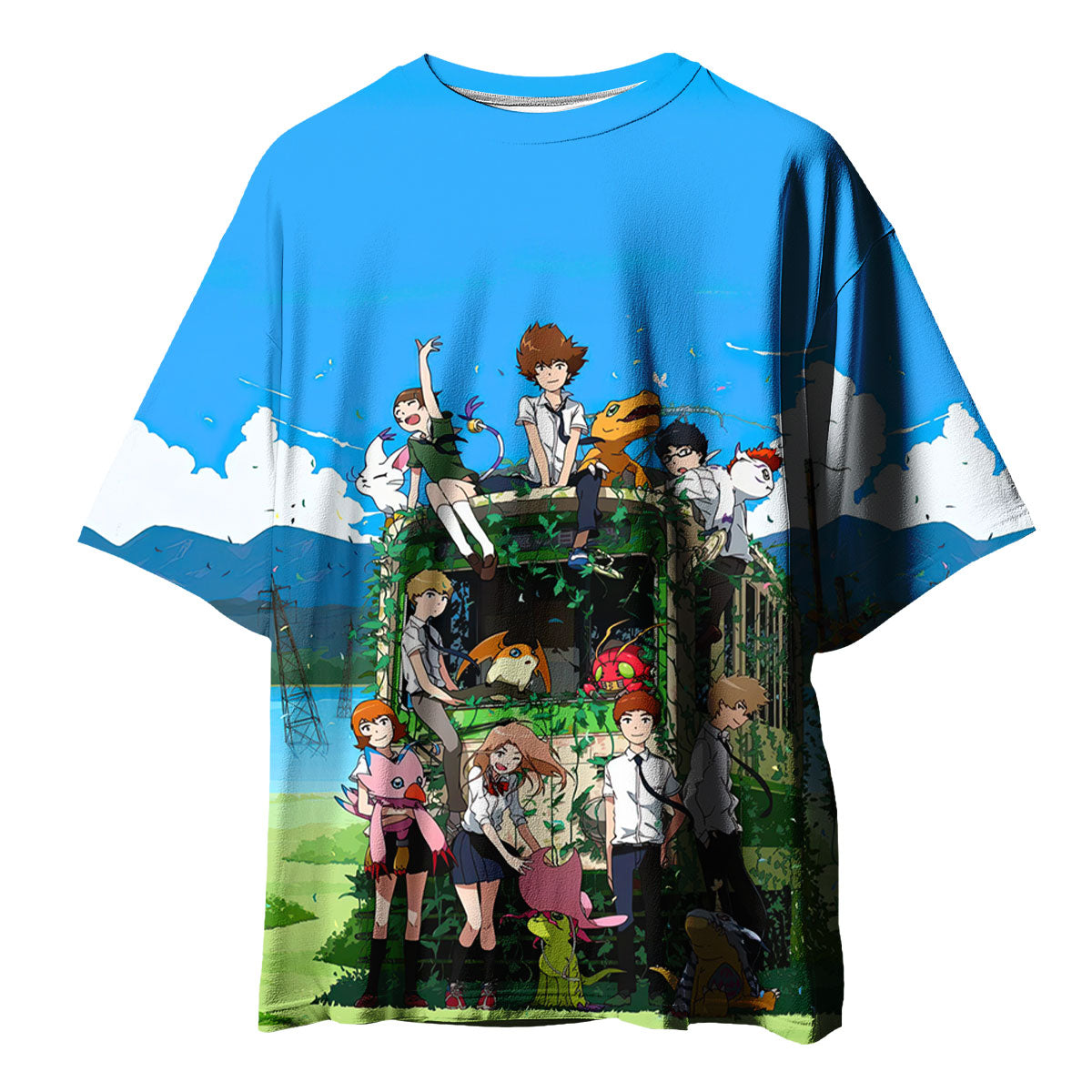 Digimon Adventure Characters Gathering Beside Classic Bus Anime Apparel