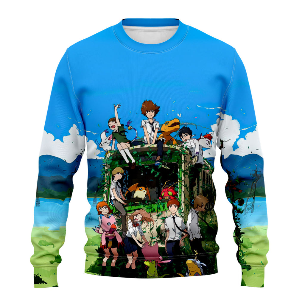 Digimon Adventure Characters Gathering Beside Classic Bus Anime Apparel