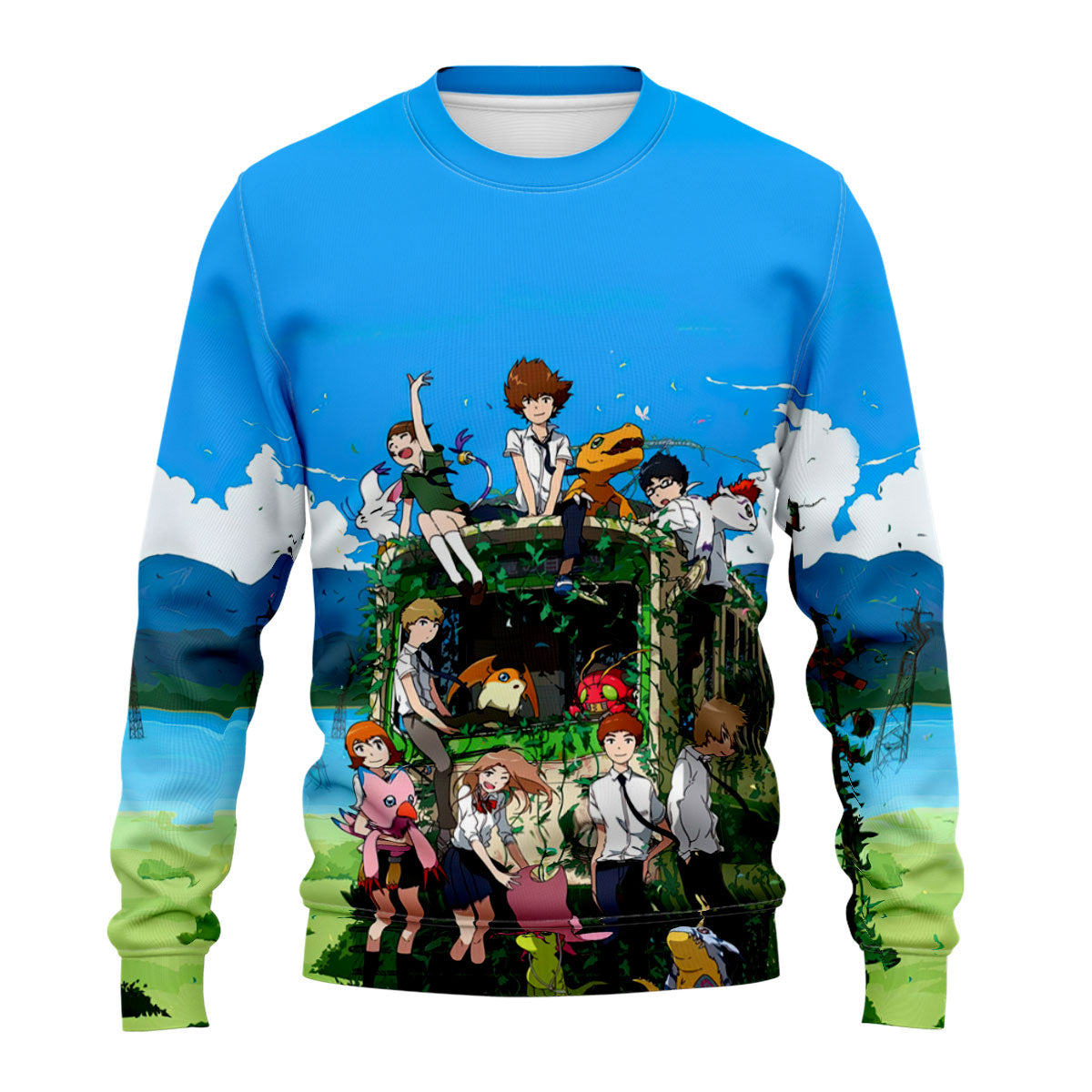 Digimon Adventure Characters Gathering Beside Classic Bus Anime Apparel