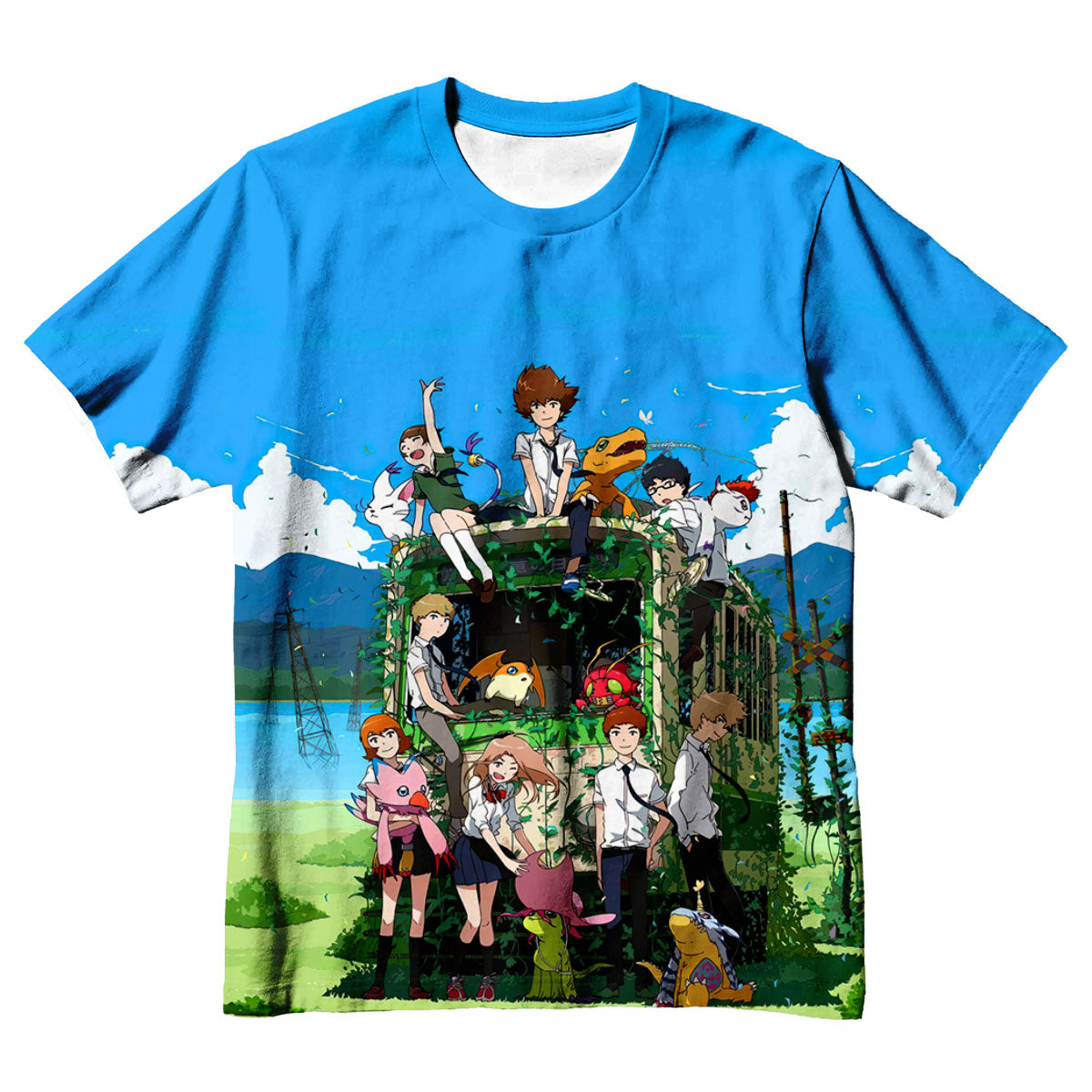 Digimon Adventure Characters Gathering Beside Classic Bus Anime Apparel