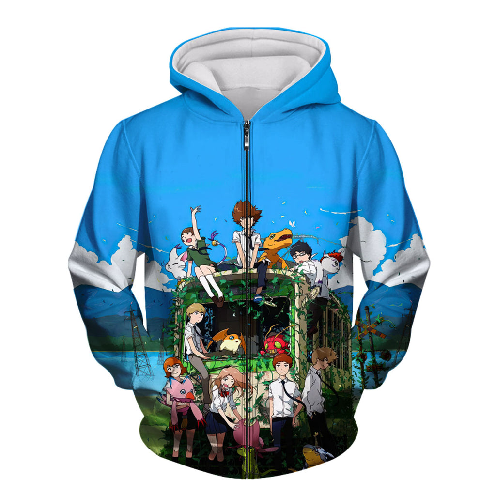 Digimon Adventure Characters Gathering Beside Classic Bus Anime Apparel