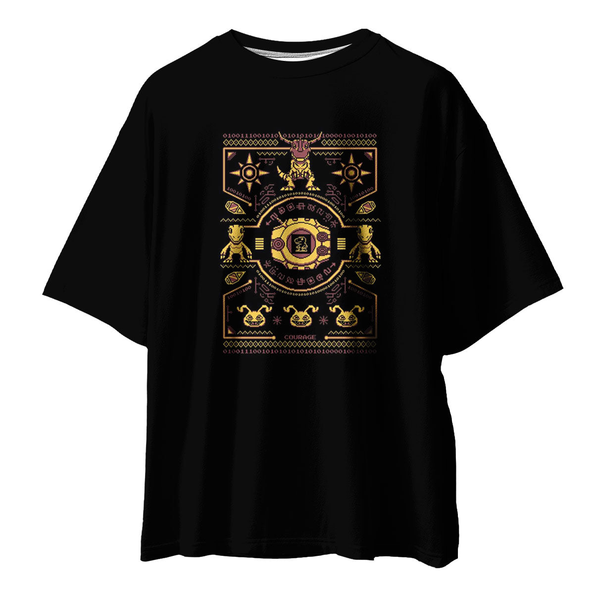 Digimon Adventure Courage Crest Pixel Art Black And Yellow Color Scheme Anime Apparel