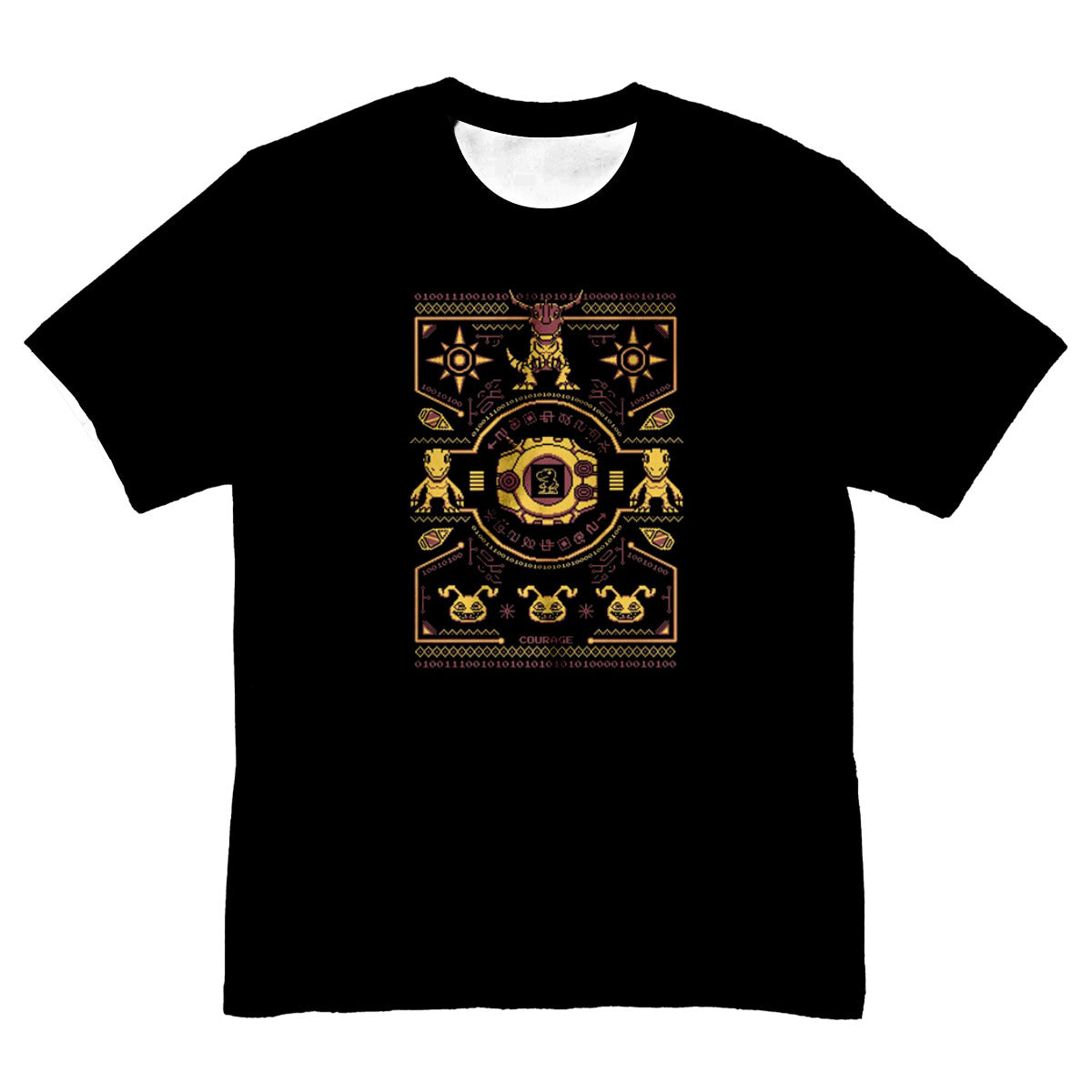 Digimon Adventure Courage Crest Pixel Art Black And Yellow Color Scheme Anime Apparel