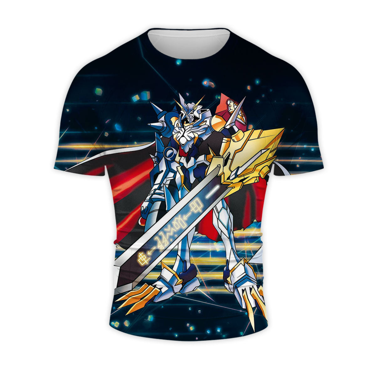 Digimon Adventure Omegamon Holding Giant Sword With Blue Digital Energy Anime Apparel