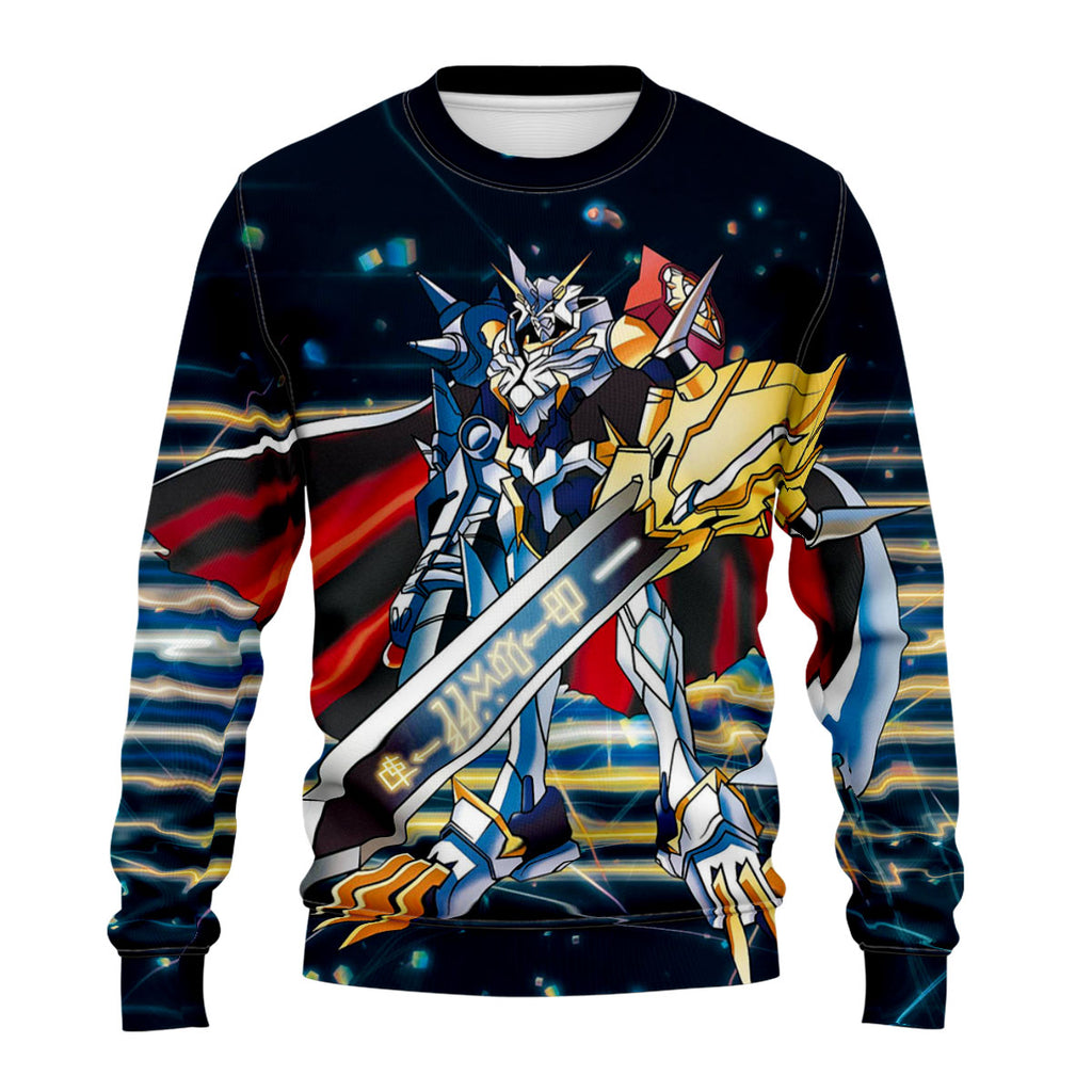 Digimon Adventure Omegamon Holding Giant Sword With Blue Digital Energy Anime Apparel