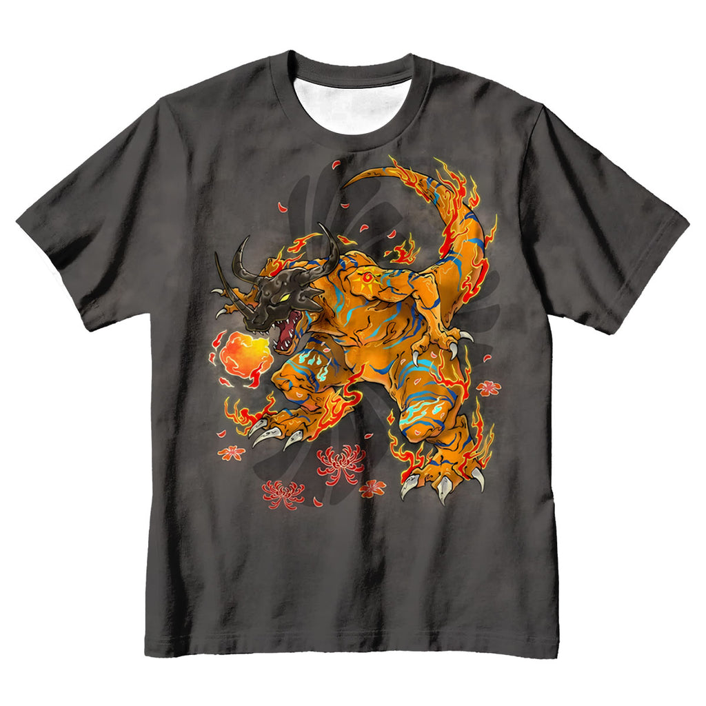 Digimon Adventure Orange Greymon Engulfed In Flames Battle Stance Anime Apparel