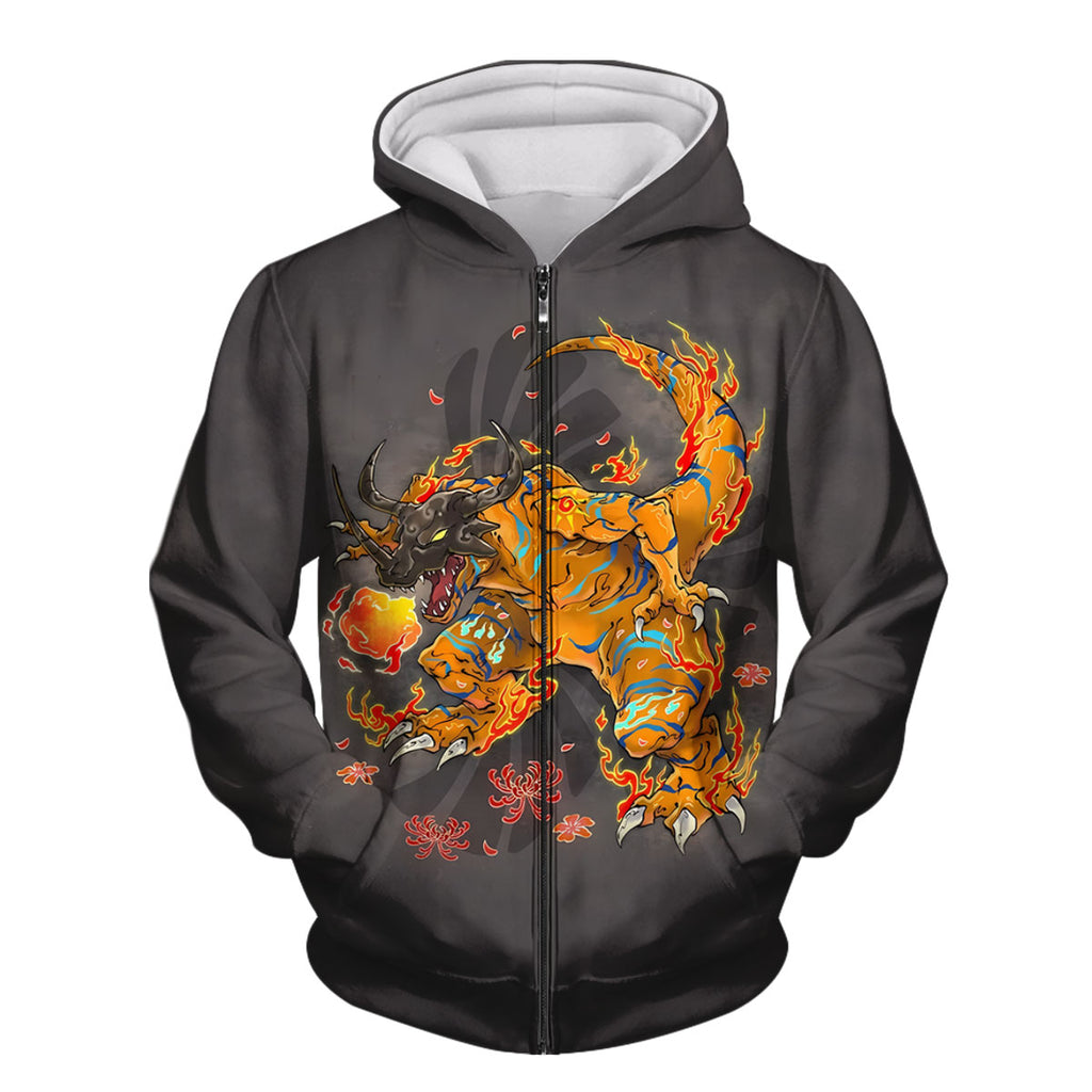 Digimon Adventure Orange Greymon Engulfed In Flames Battle Stance Anime Apparel