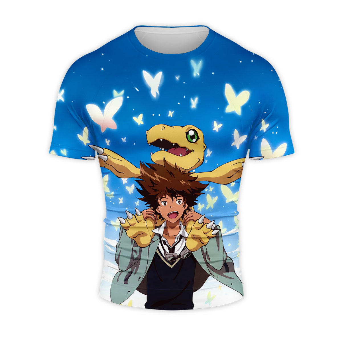 Digimon Adventure Taichi Agumon With Blue Butterflies Around Them Anime Apparel