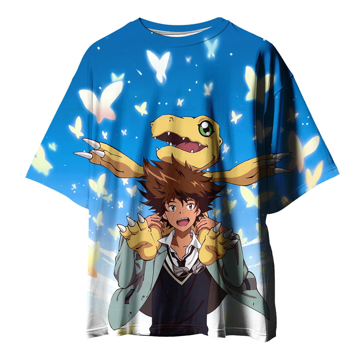 Digimon Adventure Taichi Agumon With Blue Butterflies Around Them Anime Apparel