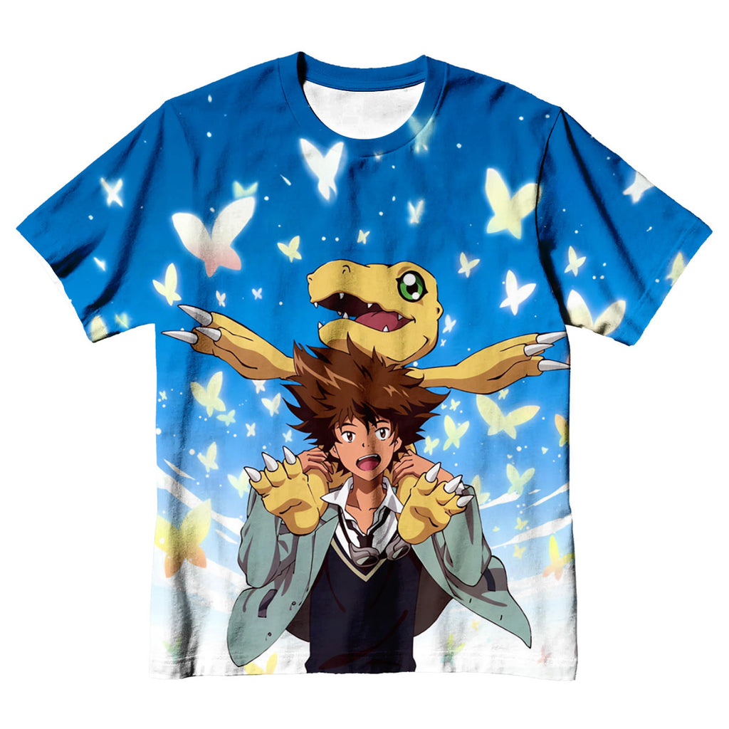 Digimon Adventure Taichi Agumon With Blue Butterflies Around Them Anime Apparel