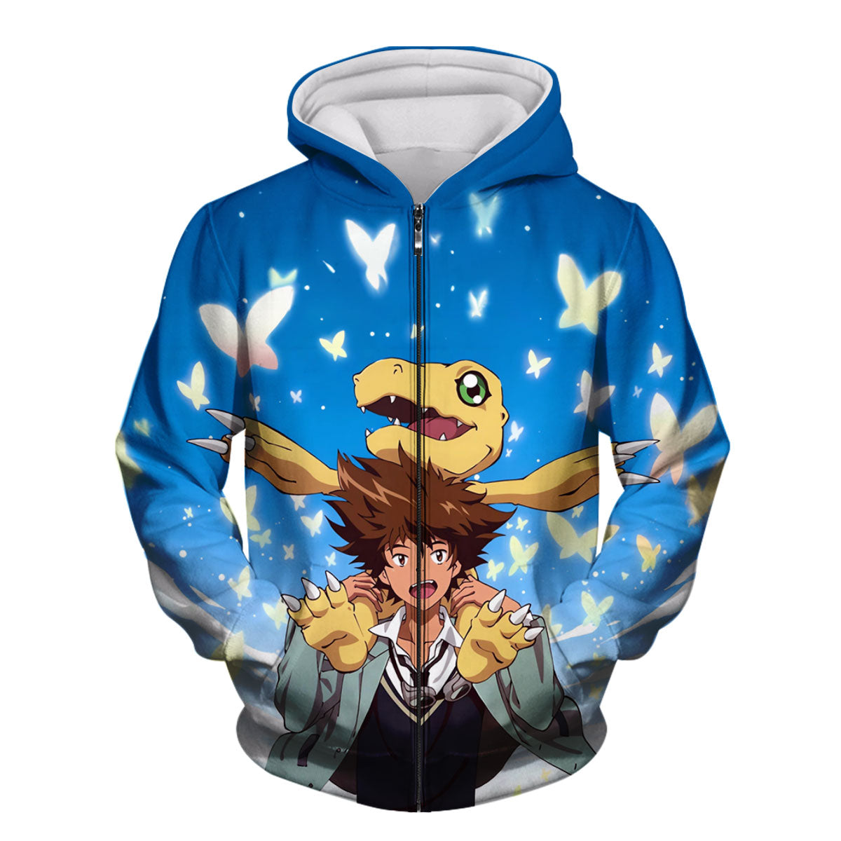 Digimon Adventure Taichi Agumon With Blue Butterflies Around Them Anime Apparel