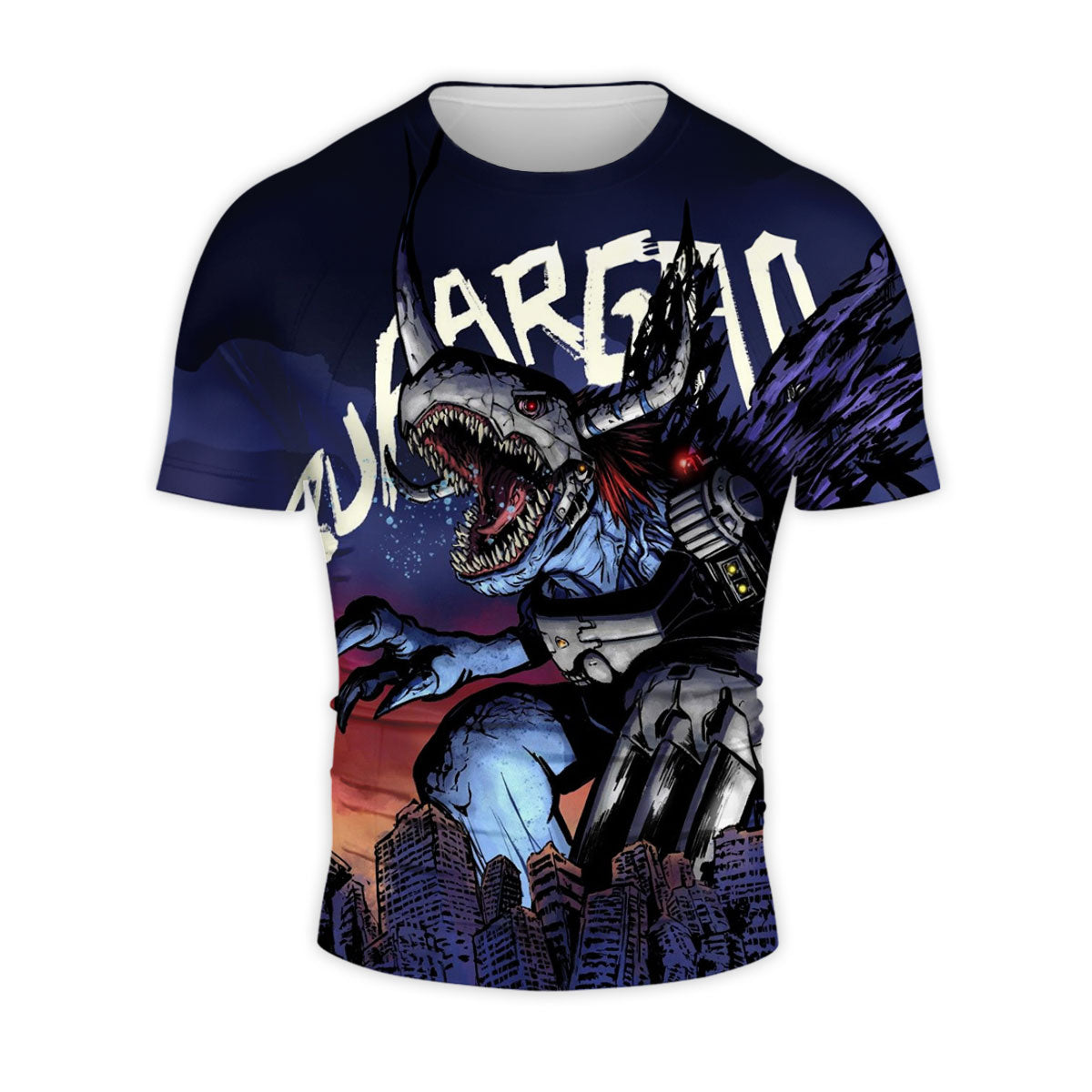 Digimon Adventure Virus Metal Garurumon Standing Over Blue City Anime Apparel