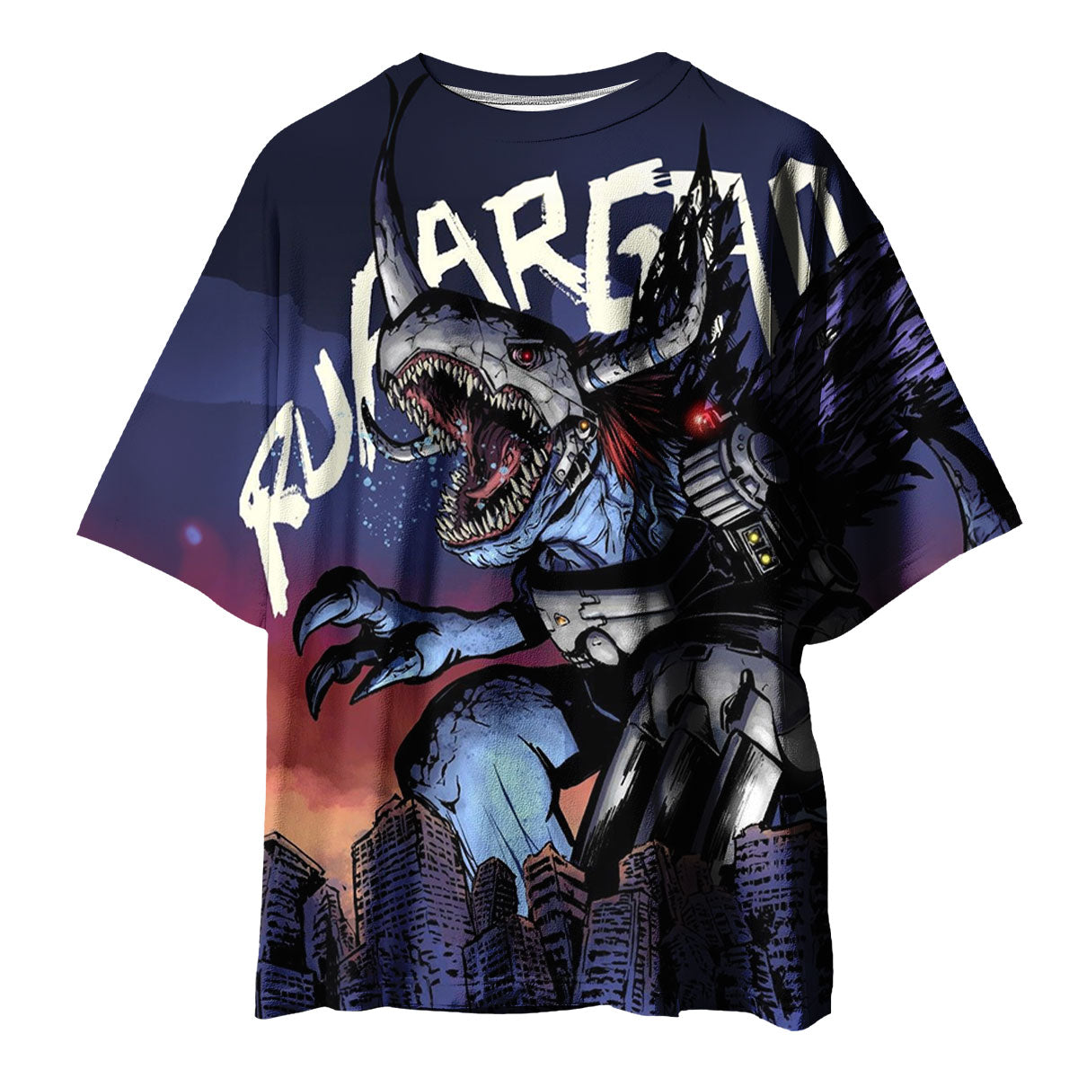 Digimon Adventure Virus Metal Garurumon Standing Over Blue City Anime Apparel