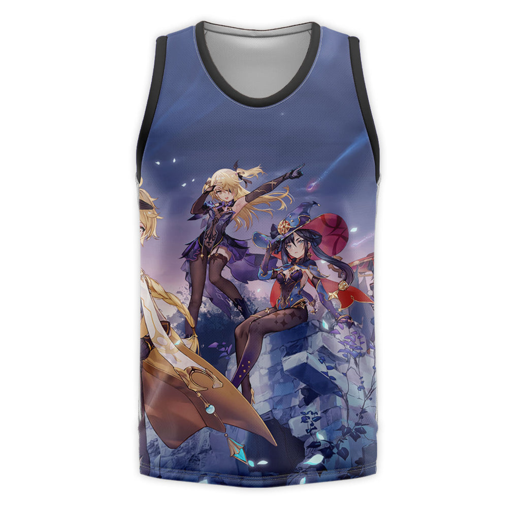 Genshin Character Standing In Twilight Blue Anime Apparel