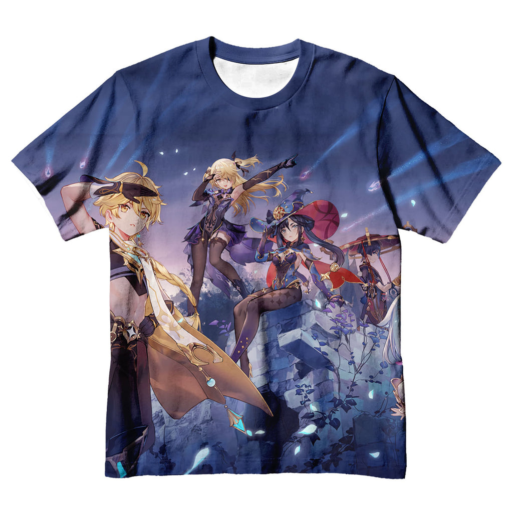Genshin Character Standing In Twilight Blue Anime Apparel