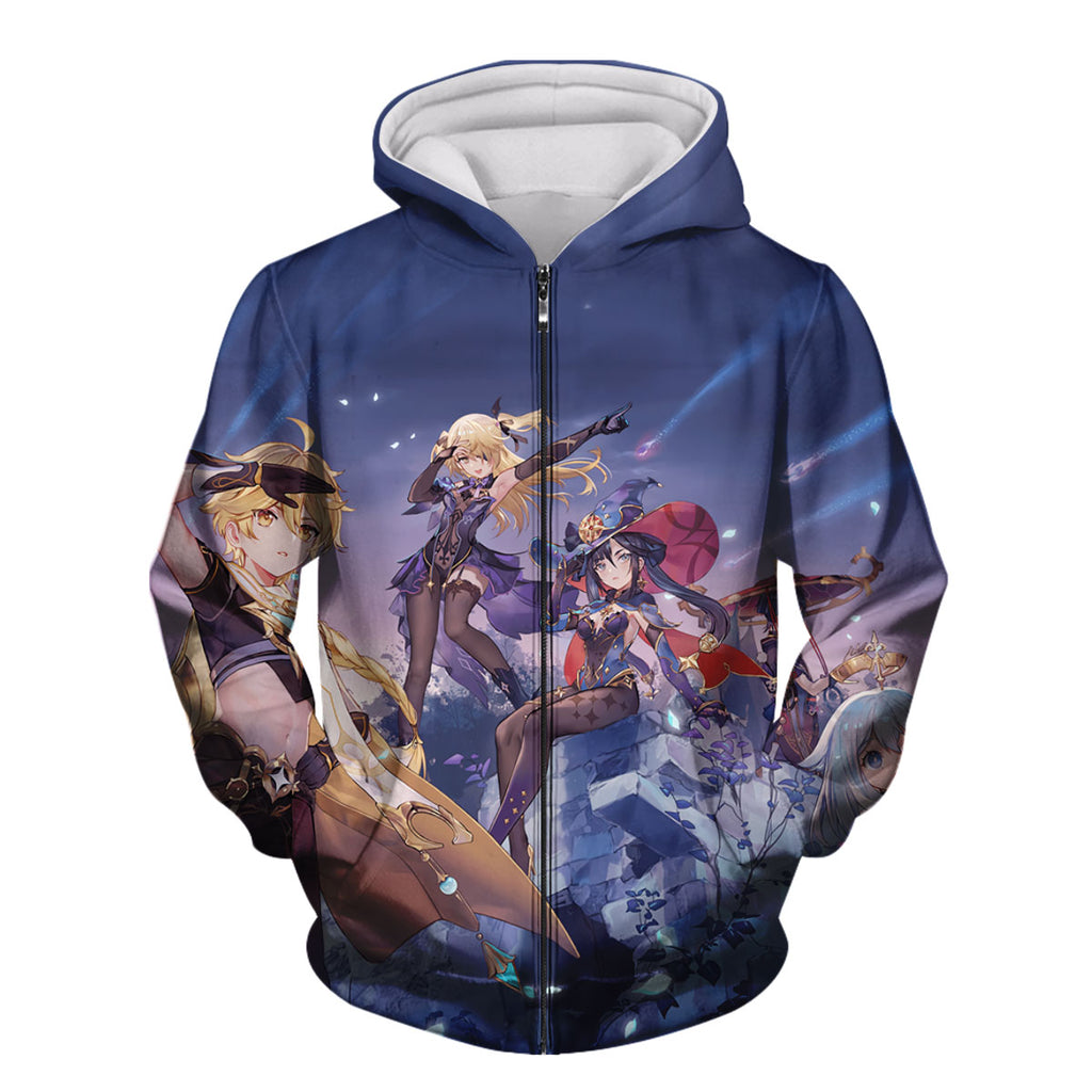 Genshin Character Standing In Twilight Blue Anime Apparel