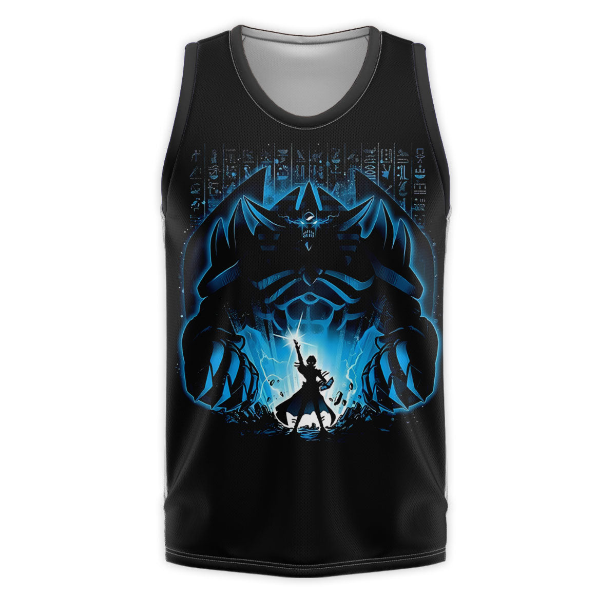 Yugioh Dark Magician Standing Before Giant Blue Figure Anime Apparel