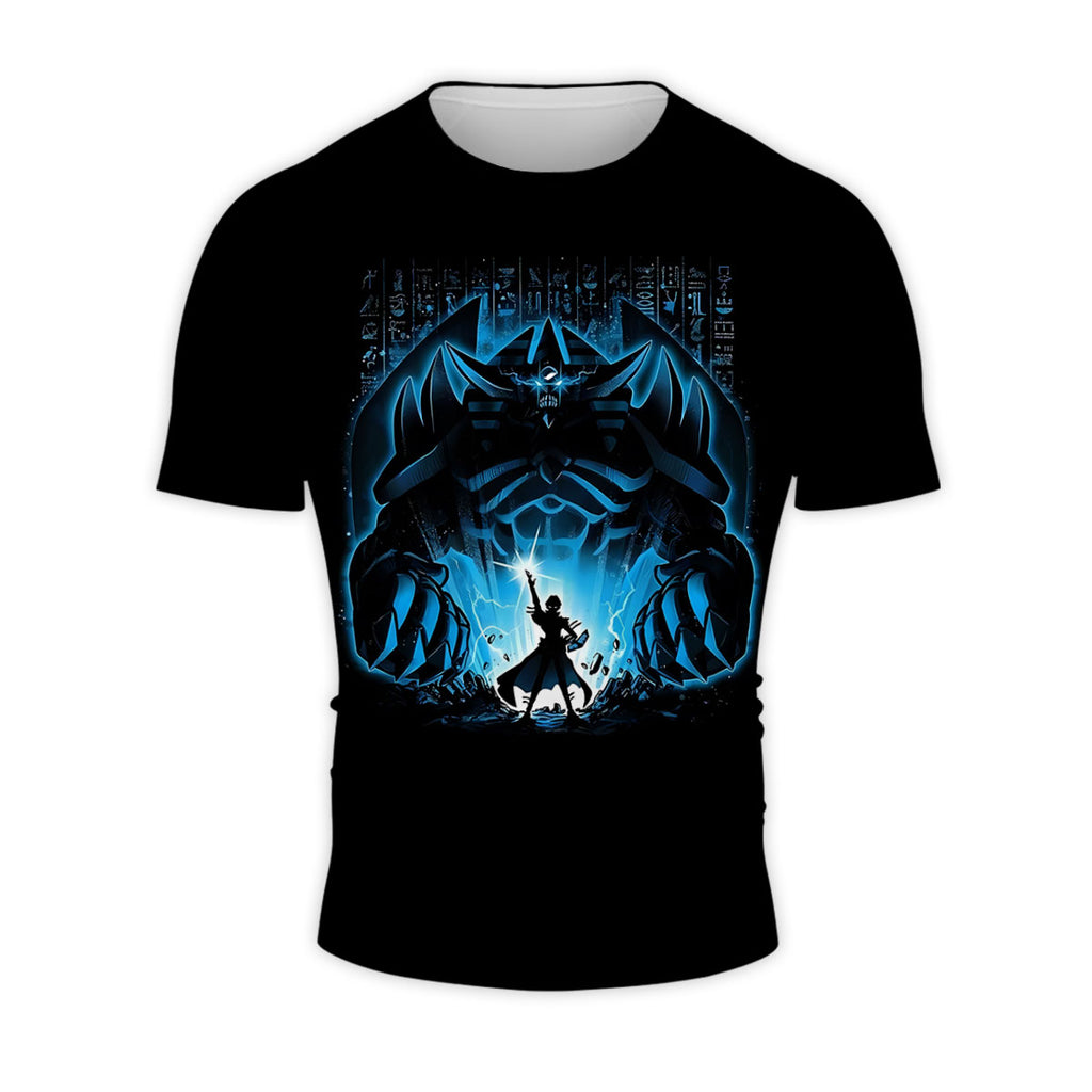 Yugioh Dark Magician Standing Before Giant Blue Figure Anime Apparel