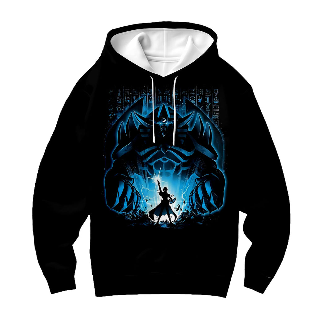 Yugioh Dark Magician Standing Before Giant Blue Figure Anime Apparel