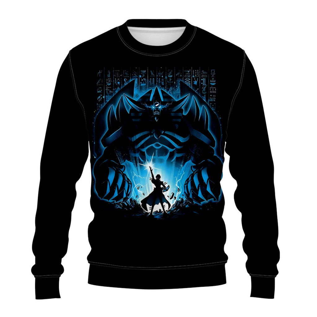 Yugioh Dark Magician Standing Before Giant Blue Figure Anime Apparel