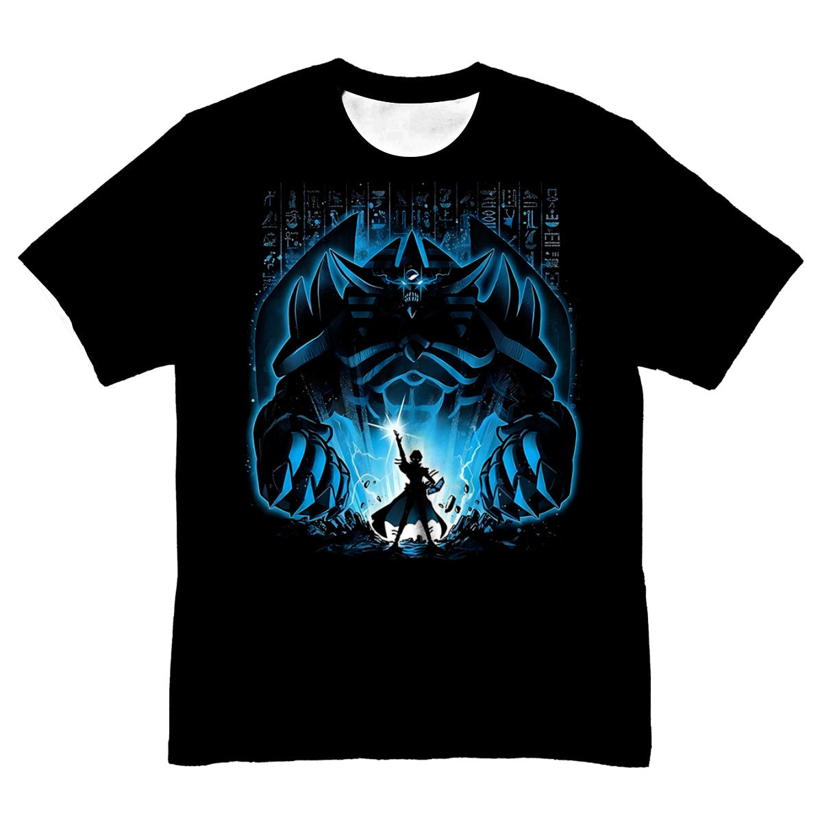 Yugioh Dark Magician Standing Before Giant Blue Figure Anime Apparel