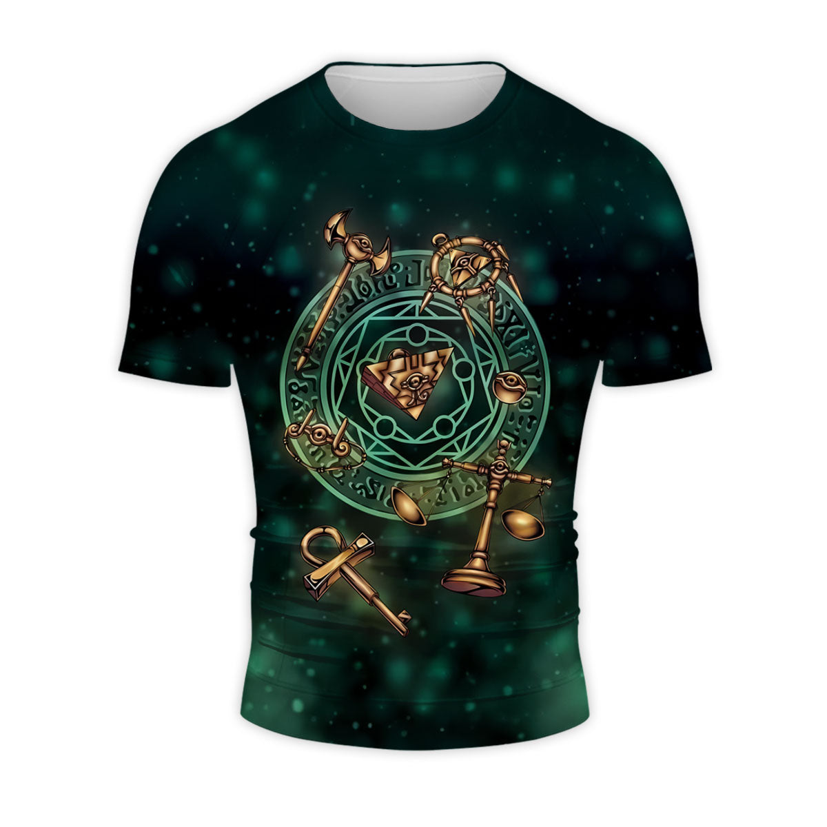 Yugioh Millennium Items Glowing On Ancient Green Relic Background Anime Apparel