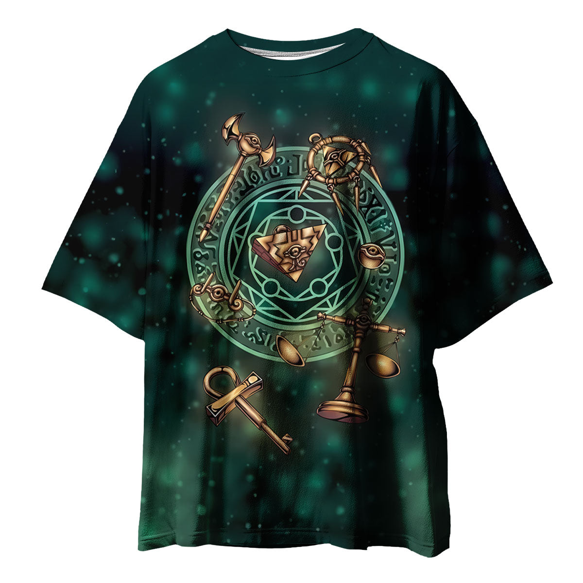 Yugioh Millennium Items Glowing On Ancient Green Relic Background Anime Apparel
