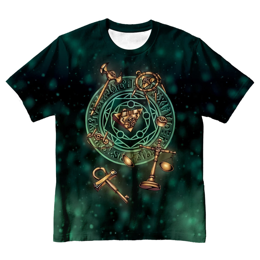 Yugioh Millennium Items Glowing On Ancient Green Relic Background Anime Apparel